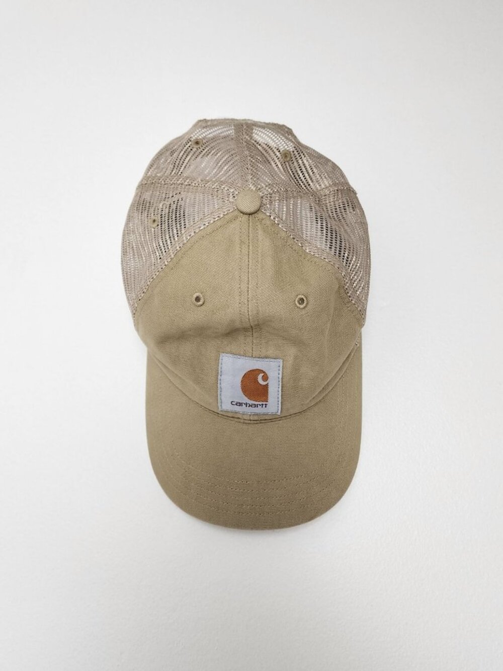 Carhartt Snap Back Trucker Hat Ball Cap One Size Beige Khaki Canvas Logo Patch
